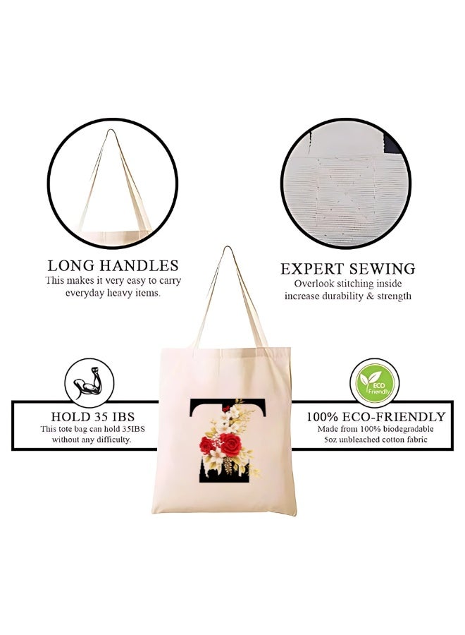 PRINTSHOP4ME Floral Initial Tote Bag A To Z – Cotton Canvas Reusable Tote With Alphabet Print For Grocery, Market And Daily Use - Image 3